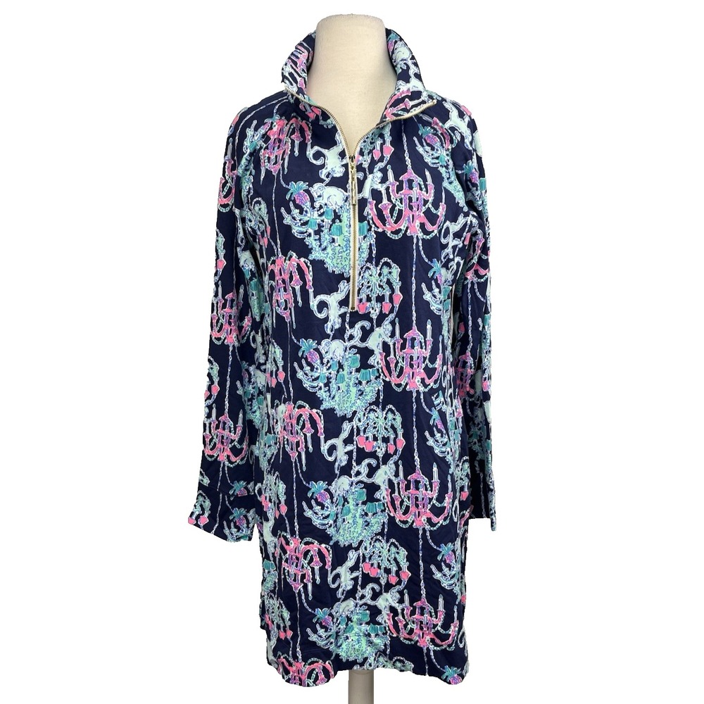 Lilly Pulitzer Skipper Dress NWT Large Pop Up Monkey Trouble Bright Navy UPF 50+